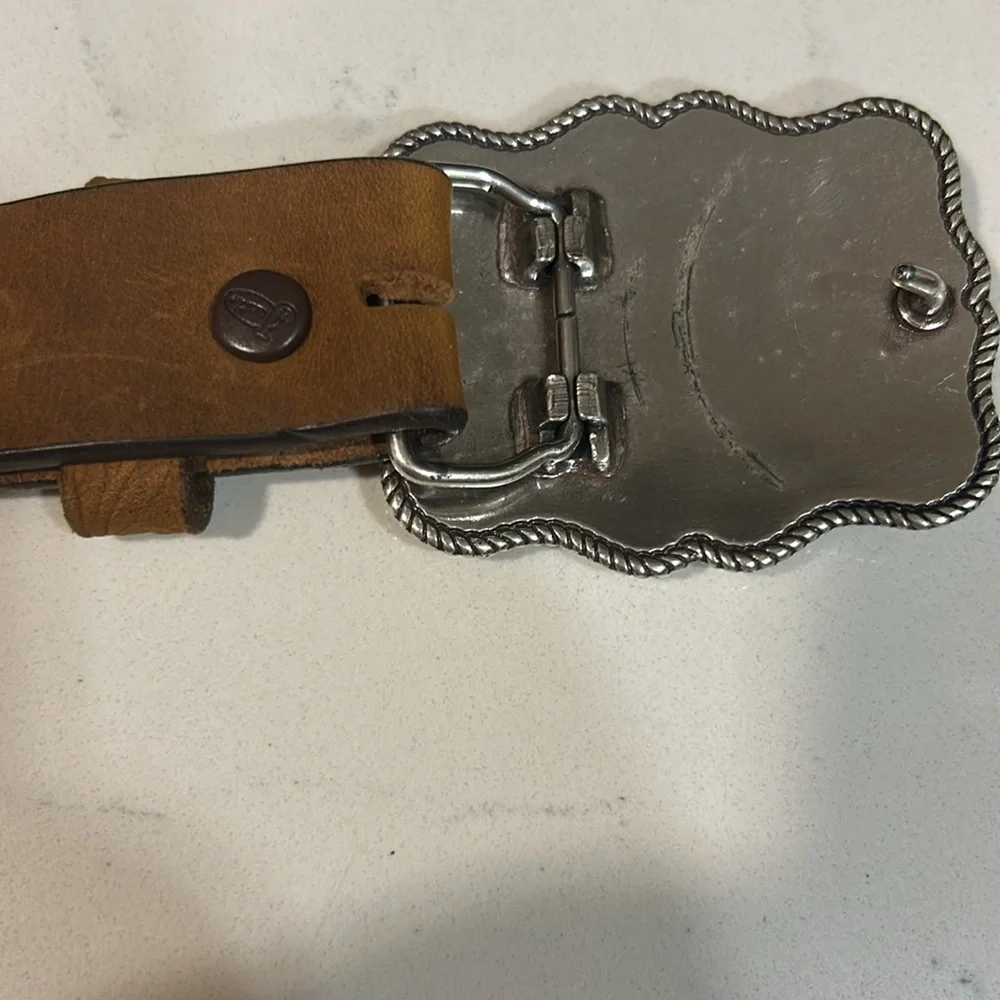 Child Size Soft Brown Leather Belt with American Flag Buckle